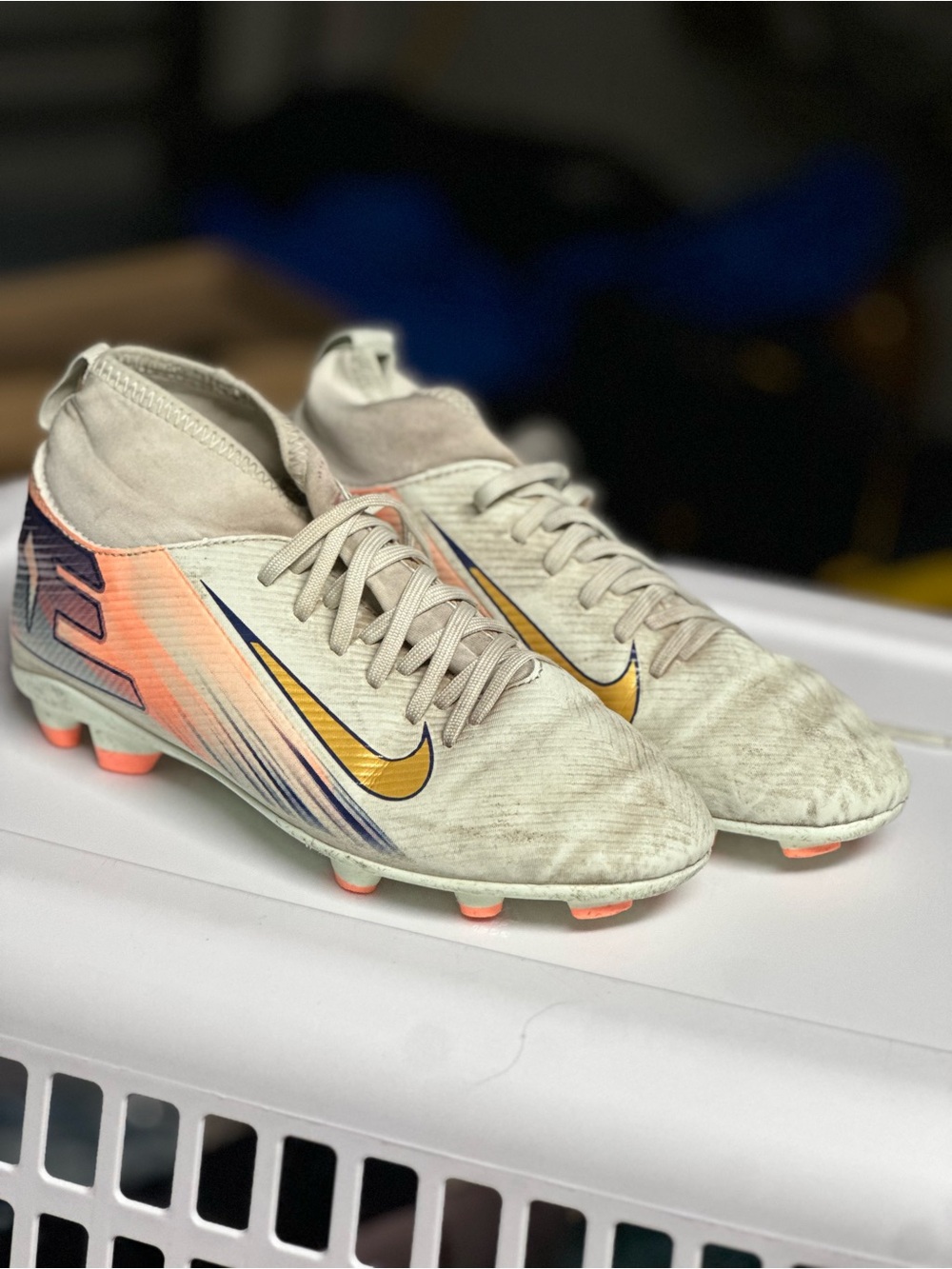 Nike kids youth light Aqua soccer Cleats with Gold Swoosh and Coral Accents